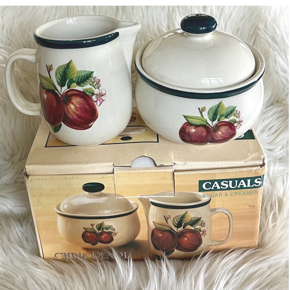 China Pearl Casuals Apple Sugar and Creamer Set Vintage Stoneware Orchard Fruit